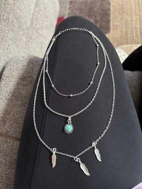 Layered Silver Necklace with Turquoise Pendant and Feather Charms